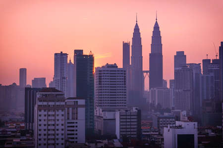 Beautiful sunrise landscape of aerial kuala lumpur skyline malaysia