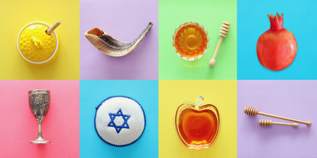 Rosh hashanah jewish new year holiday collage concept traditional symbols