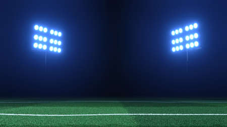 Soccer stadium lights reflectors against black background and soccer grass field in the foreground floodlights and soccer field 3d render in volumetric fog