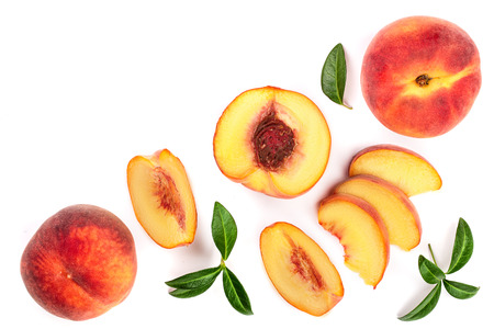 Ripe peaches with leaves isolated on white background with copy space for your text top view flat lay pattern