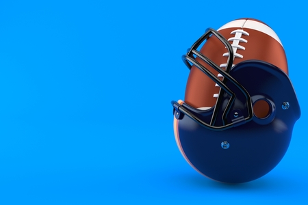 Football helmet with rugby ball isolated on blue background 3d illustration Stock Photo