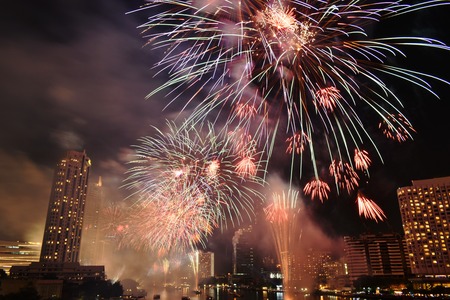 New year celebration fireworks on cho phraya river in thailand