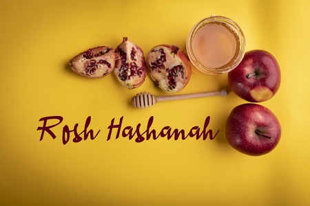 A composition of traditional symbolism on the occasion of the jewish holiday of rosh hashanah Stock Photo