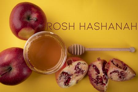 A composition of traditional symbolism on the occasion of the jewish holiday of rosh hashanah Stock Photo