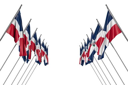 Wonderful many dominican republic flags hangs on diagonal poles from left and right sides isolated on white any occasion flag 3d illustration