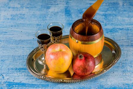 Honey jar with apples rosh hashana hebrew religious holiday shofar honey and pomegranate