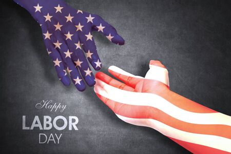 Two hands of people handshaking patterned with an american flag shot with happy labor day text background