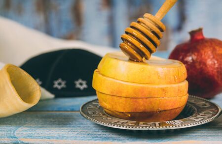 Honey apple and pomegranate for traditional holiday symbols rosh hashanah jewesh holiday