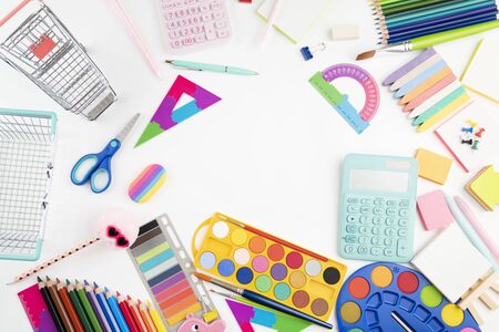 School supplies set of colorful school accessories isolated on the white table Stock Photo