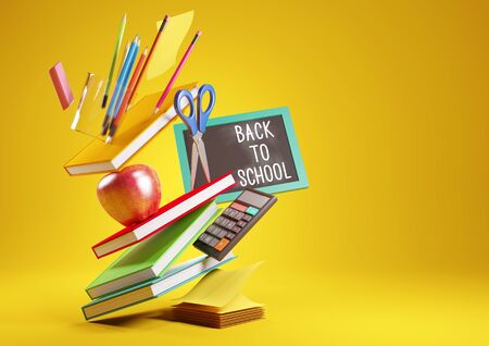 A back to school background with stacked items and student accessories 3d render illustration Stock Photo