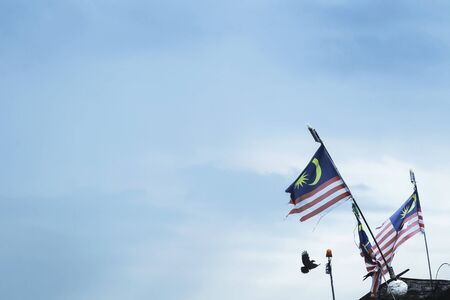 Port dickson malaysia the bird landed near the damaged malaysian flag blown by wind with blue sky background on december 15 2019