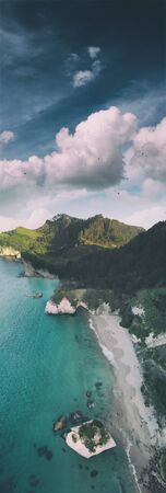 Aerial view of cathedral cove at sunset coromandel peninsula new zealand