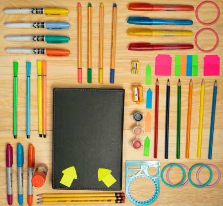 Pencils and utensils for drawing and working at home with different colors and space to include texts Stock Photo