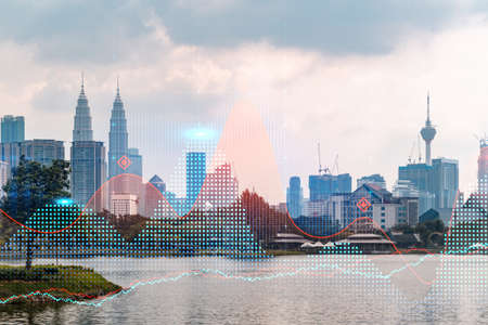 Glowing forex graph hologram aerial panoramic cityscape of kuala lumpur at sunset stock and bond trading in kl malaysia asia the concept of fund management double exposure Stock Photo