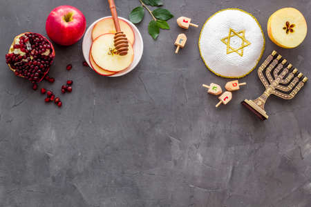 Rosh hashana postcard template with apple honey and pomegranate Stock Photo