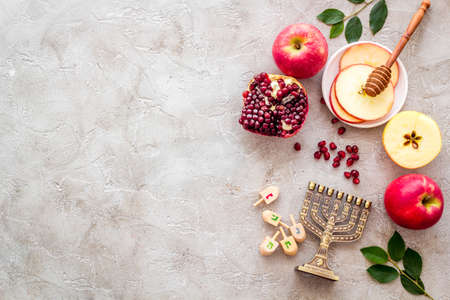 Rosh hashana postcard template with apple ahoney and pomegranate Stock Photo