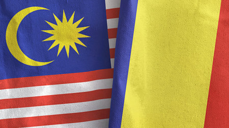 Romania and malaysia two flags textile cloth 3d rendering