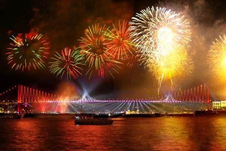 Fireworks over the istanbul city view of bosporus bridge Stock Photo