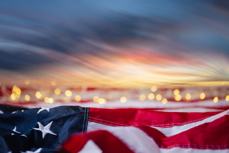 4th of july of independence day labor day united states usa flag with bokeh with sunrise sky Stock Photo