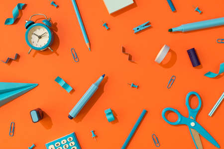 Top view photo of blue stationery school accessories alarm clock markers pencils calculator scissors adhesive tape paper airplane pins and clips on isolated vivid orange background