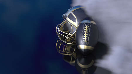 American football gold black helmet and gold black ball with dark black toned foggy smoke under blue sky lighting 3d illustration 3d high quality rendering