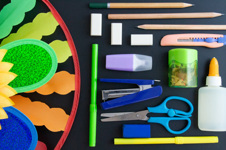 Various stationery and colored objects