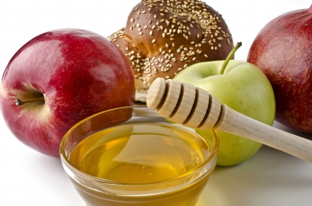 Round challah apples and a bowl of honey over white illustration of rosh hashanah jewish new year or savior of the apple feast day