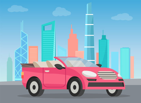 Pink cabriolet on city road cartoon vector illustration. Stylish car for women, girly auto without roof flat color object. Luxurious personal transport fashion automobile in cityscape with skyscrapers - 182921597