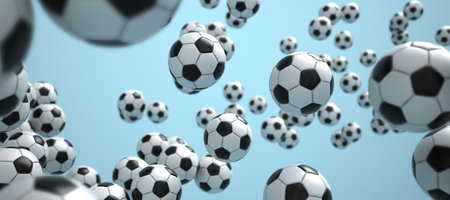 Flying footballs on a blue background 3d illustration