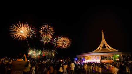 Beautiful fireworks at the park and people looking at the fireworks Stock Photo