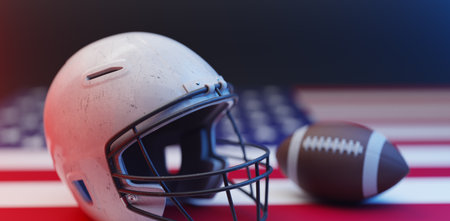 White football helmet on america flag 3d rendering