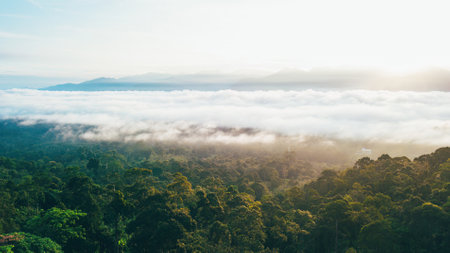 Sea clouds during golden sunrise above the titiwangsa range mountains in lenggong perak