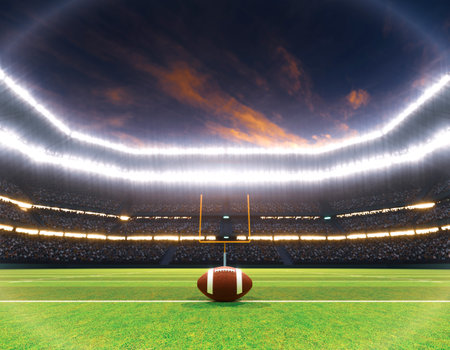 An american football on the centre line in a stadium with posts on a marked green grass pitch at night under illuminated floodlights 3d render