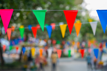 Colorful bunting flags at a festival in thailand selective focus