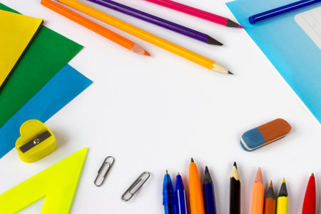 School supplies on a white background space for text Stock Photo