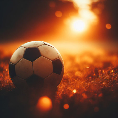 Soccer ball on the grass in the rays of the setting sun