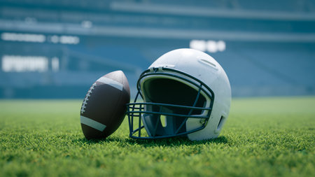 The background of a white football helmet on the lawn of the stadium 3d rendering