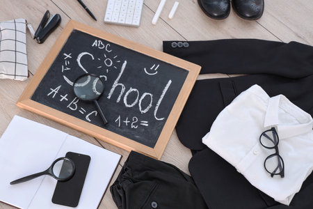 Composition with stylish school uniform eyeglasses chalkboard mobile phone and stationery on wooden background closeup Stock Photo