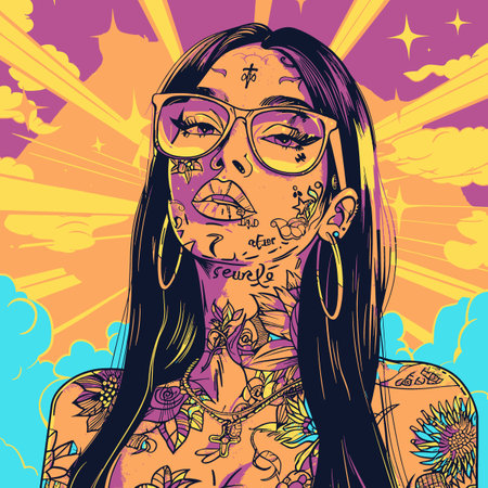 A woman with tattoos and piercings is shown in a colorful painting. The painting has a bright and cheerful mood, with the woman's face and body being the main focus. The use of bright colors - 229882856