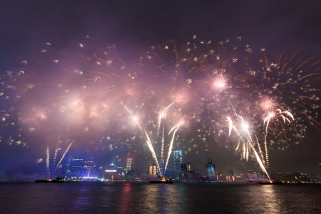 Fireworks at victoria harbor in hong kong Stock Photo