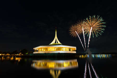 Monument at public park against water with fireworks Stock Photo