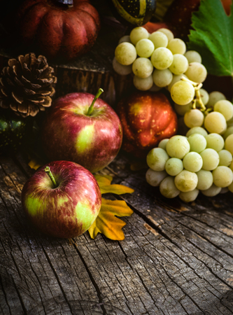 Autumn nature concept fall fruit and vegetables on wood thanksgiving dinner