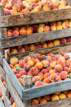 Fresh organic ripe peaches in wooden box