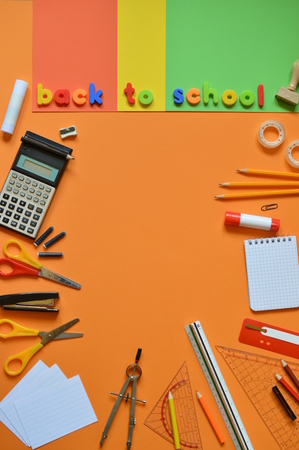 School supplies and the words back to school Stock Photo