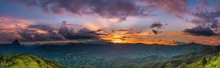 Sunset over mountain at phou khoun in laos panorama