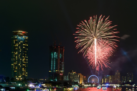 Bangkok firework at chao phraya river 2015 Stock Photo