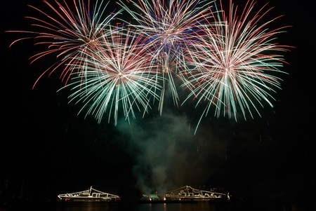 Colorful fireworks on the black sky background Stock Photo