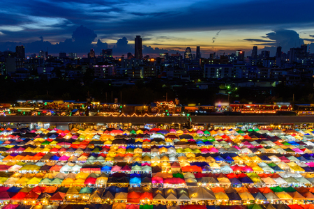 Top view of canvas tent at the outdoor market in city