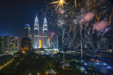 Fireworks display show over kuala lumpur city skyline Stock Photo