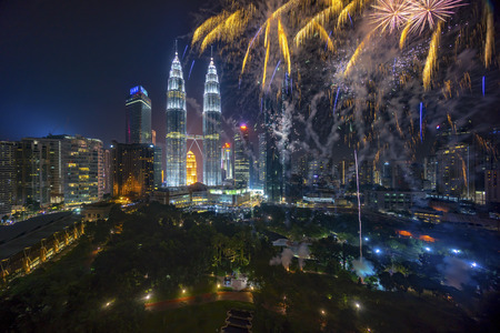 Fireworks display show over kuala lumpur city skyline